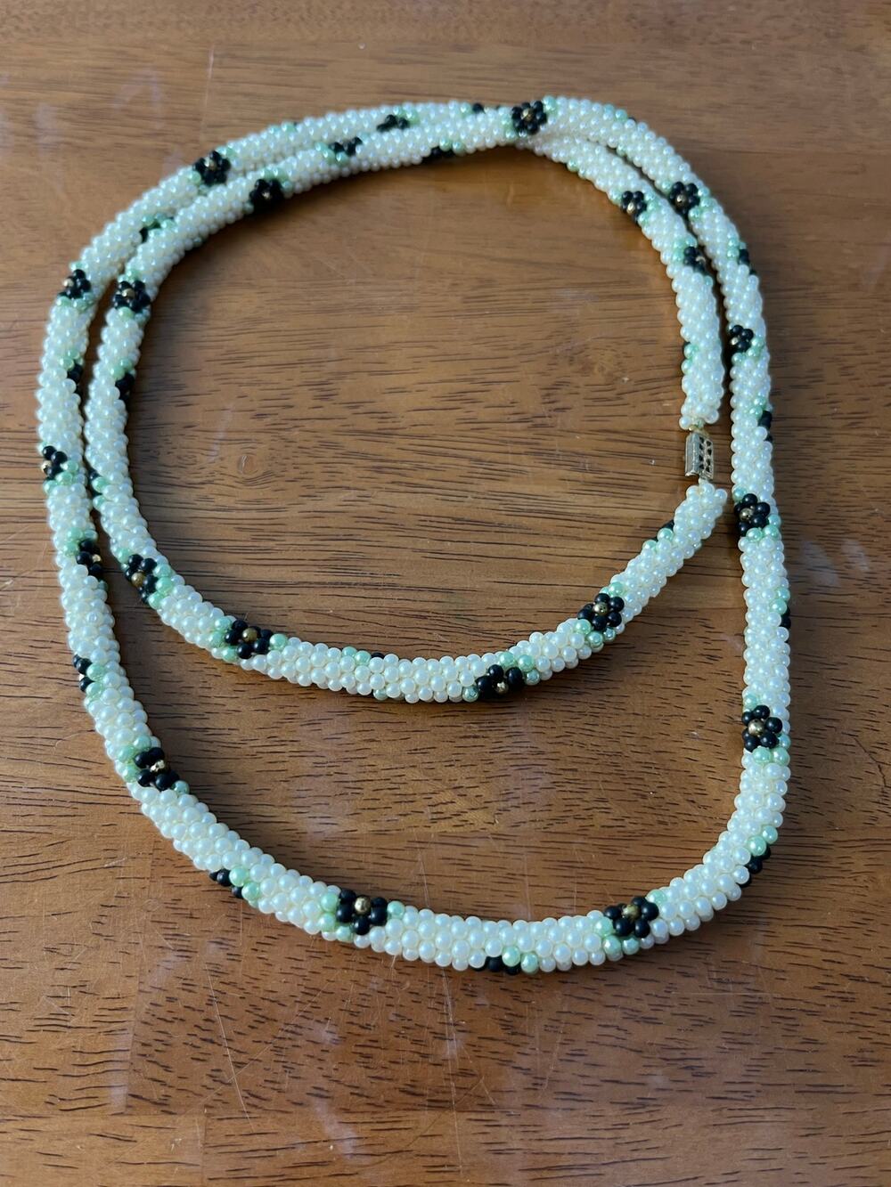 VTG Seed Bead Necklace Long Rope Floral Handwoven 40” Boho Statement Layering